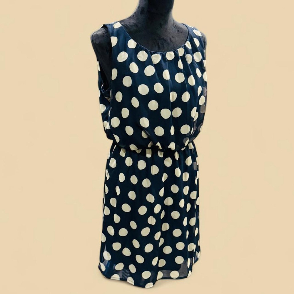 Polka Dot Office Preppy Retro Navy Tan Sheath Dress Medium
